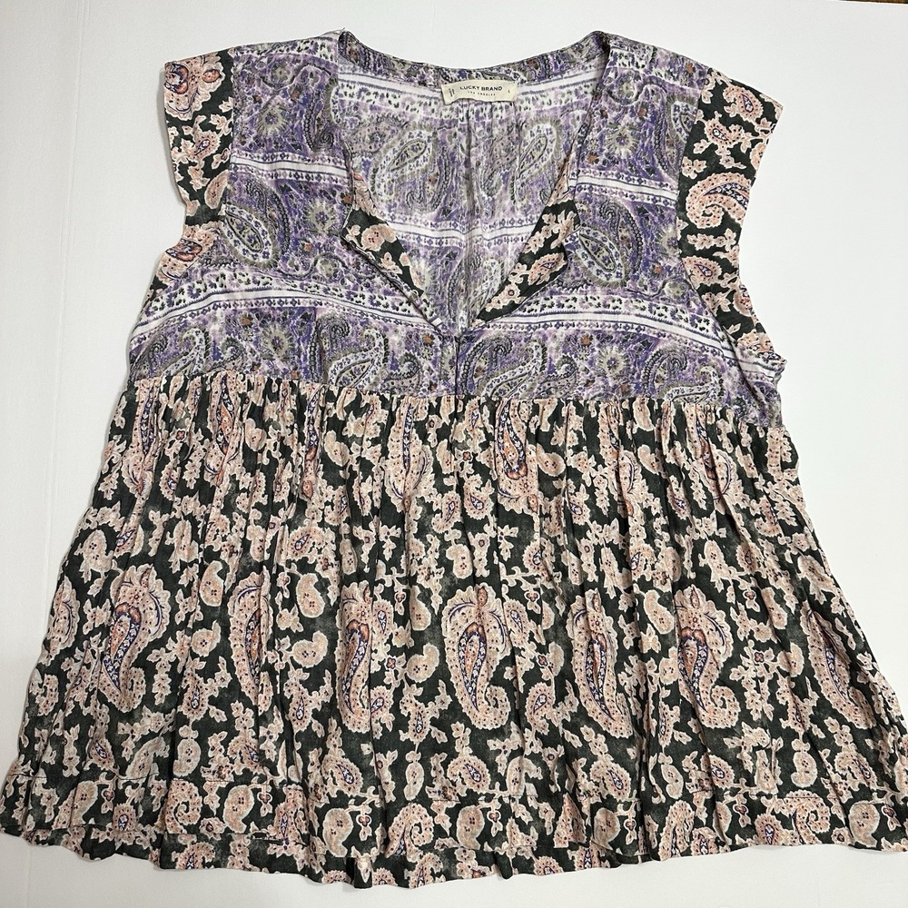 Lucky Brand Womens Large Boho Paisley Peplum Top Cap Sleeve India V Neck